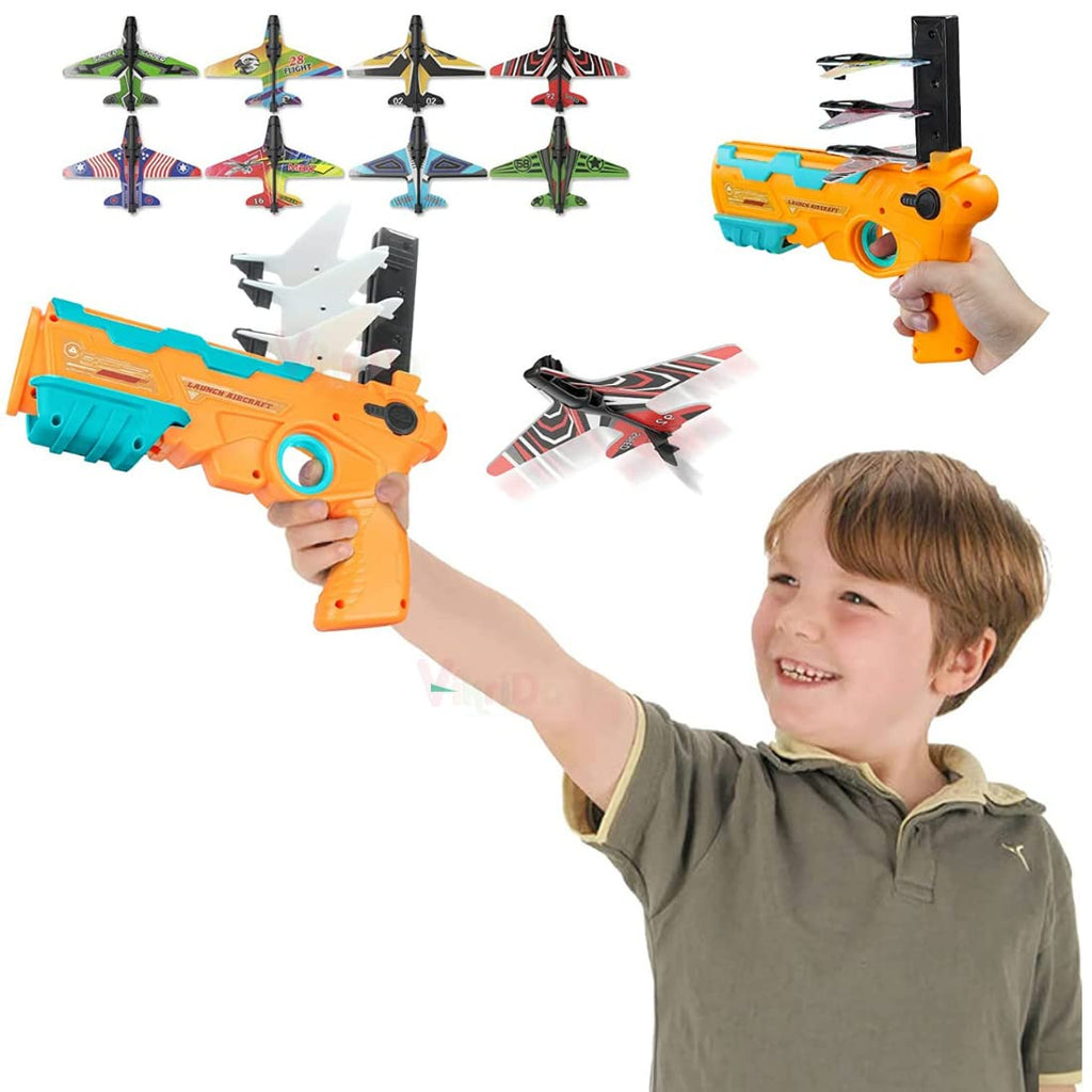 Launcher Toy Catapult aircrafts Gun with 4 Foam aircrafts, Shooting Games Outdoor Sport Activity Birthday Gifts Party Gifts for Kids Orange