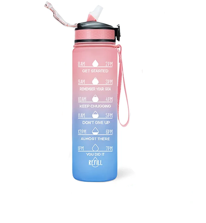 Motivational Fitness Sports Water Bottle with Time Marker & Straw