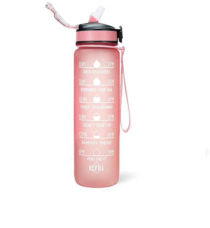 Motivational Fitness Sports Water Bottle with Time Marker & Straw