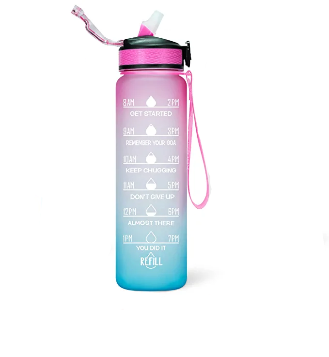 Motivational Fitness Sports Water Bottle with Time Marker & Straw