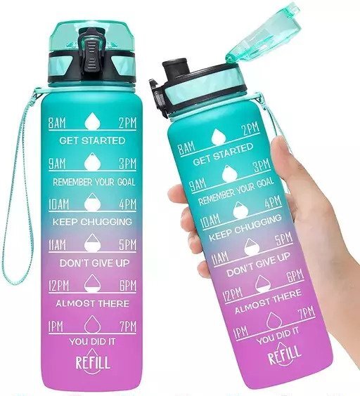 Motivational Fitness Sports Water Bottle with Time Marker & Straw