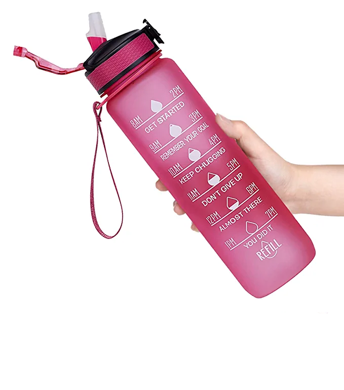 Motivational Fitness Sports Water Bottle with Time Marker & Straw