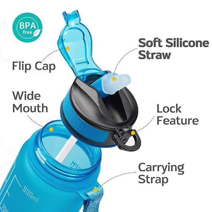 Motivational Fitness Sports Water Bottle with Time Marker & Straw